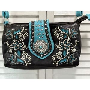 Western Crossbody Purse Brown/Teal Gems/Embroidery/Studs Pockets Conceal Carry